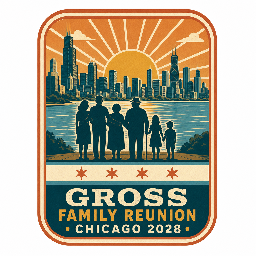 Option 3 — Lakefront Travel Badge: Gross Family Reunion Chicago 2028 logo concept