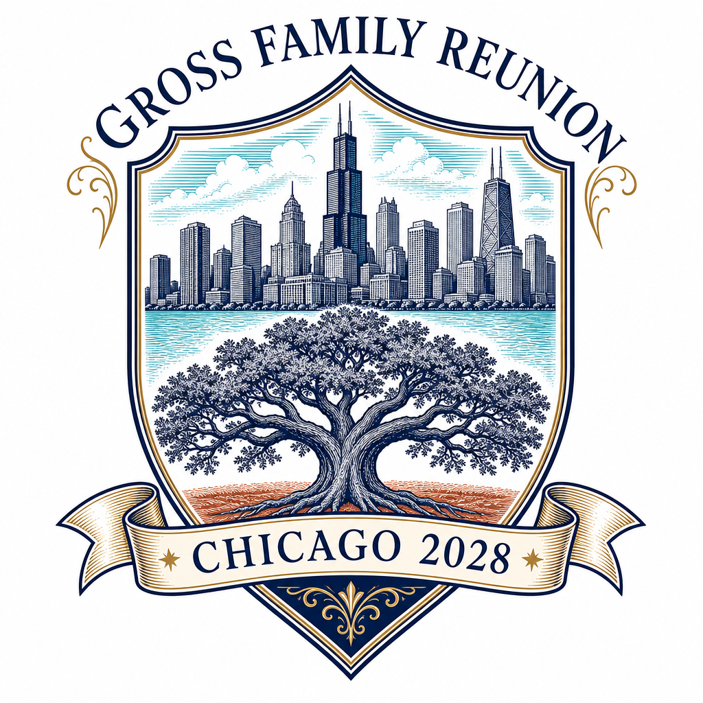 Option 4 — Engraved Family Shield: Gross Family Reunion Chicago 2028 logo concept