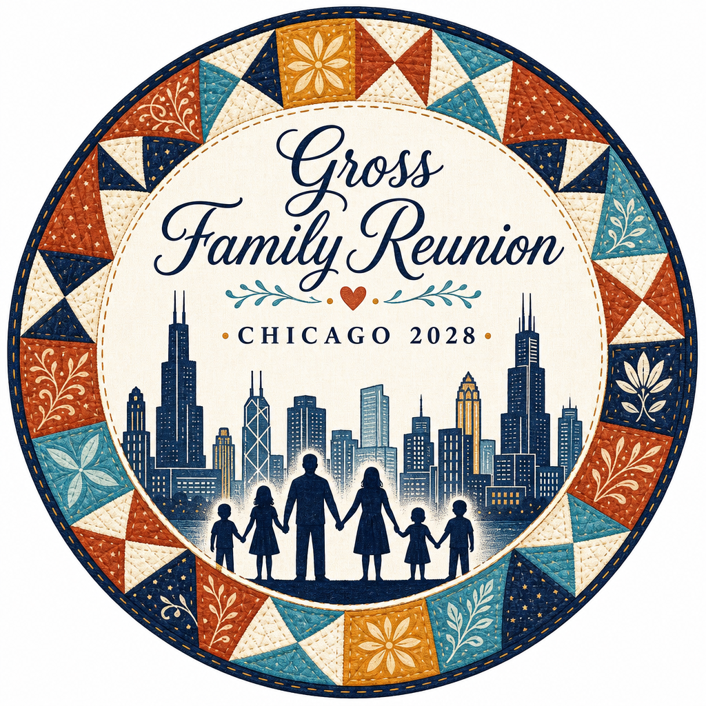 Option 6 — Quilt Circle: Gross Family Reunion Chicago 2028 logo concept