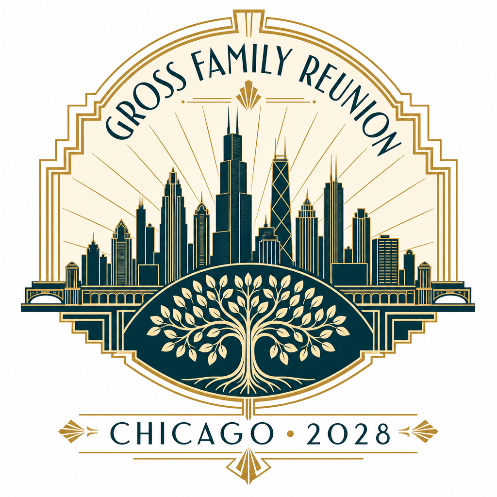 Option 7 — Deco Archway: Gross Family Reunion Chicago 2028 logo concept